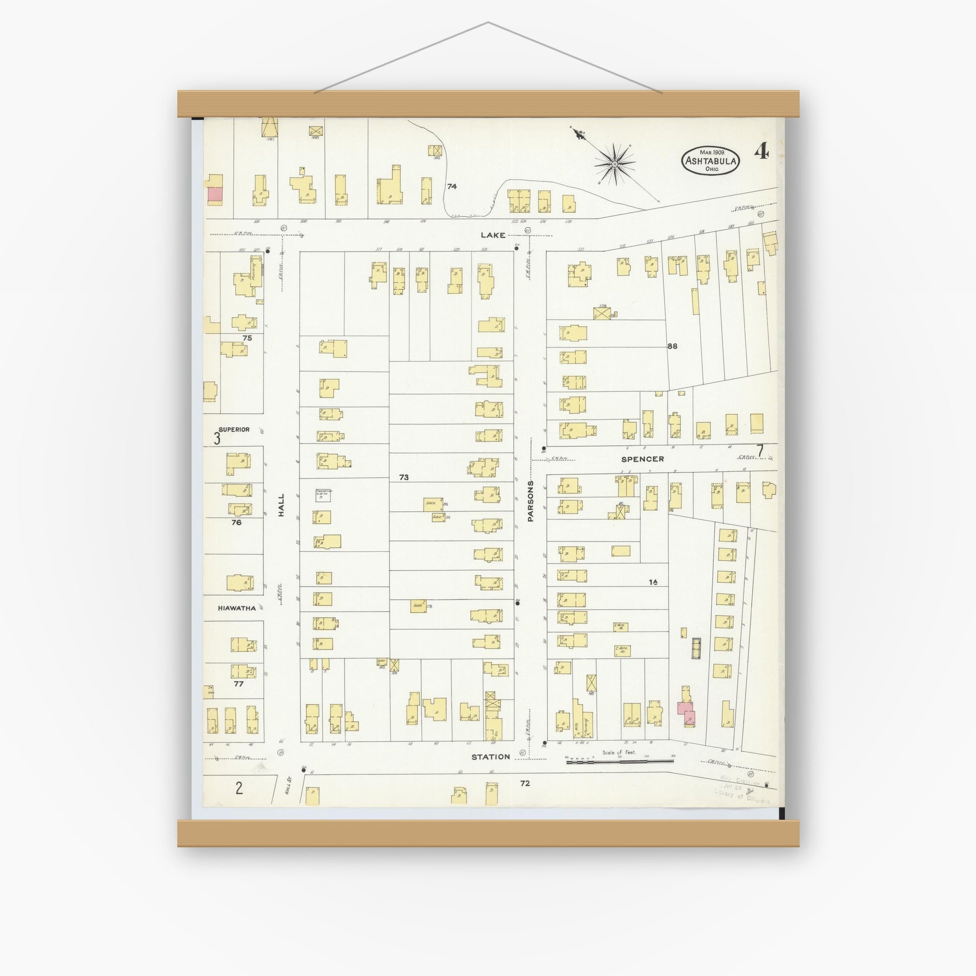 Old map wall art mockup — magnetic wood frame on white wall — Sanborn Fire Insurance Map from Ashtabula, Ashtabula County, Ohio (1909), Sheet #0004