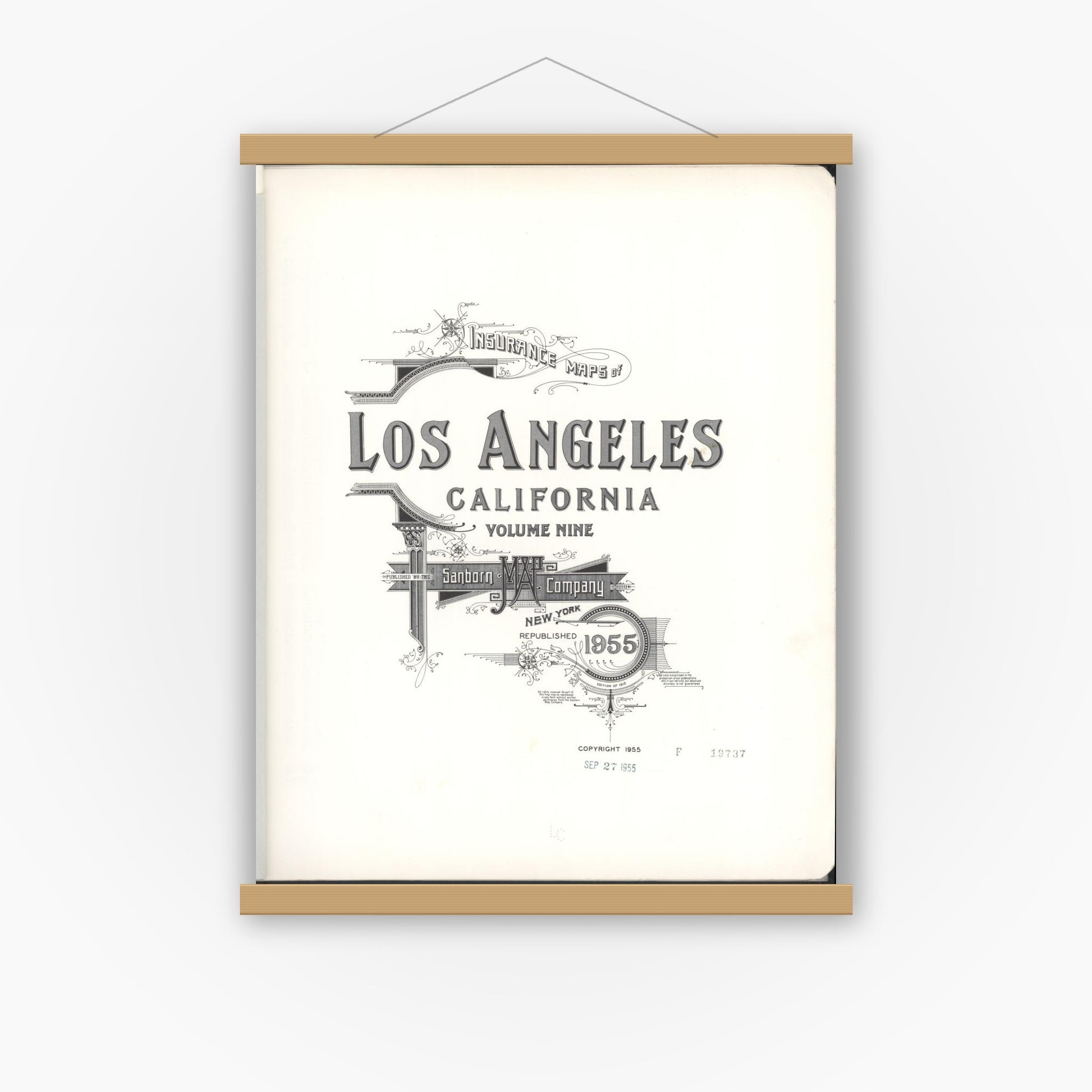 Old map wall art mockup — magnetic wood frame on white wall — Sanborn Fire Insurance Map from Los Angeles, Los Angeles County, California (1955), Sheet #0001