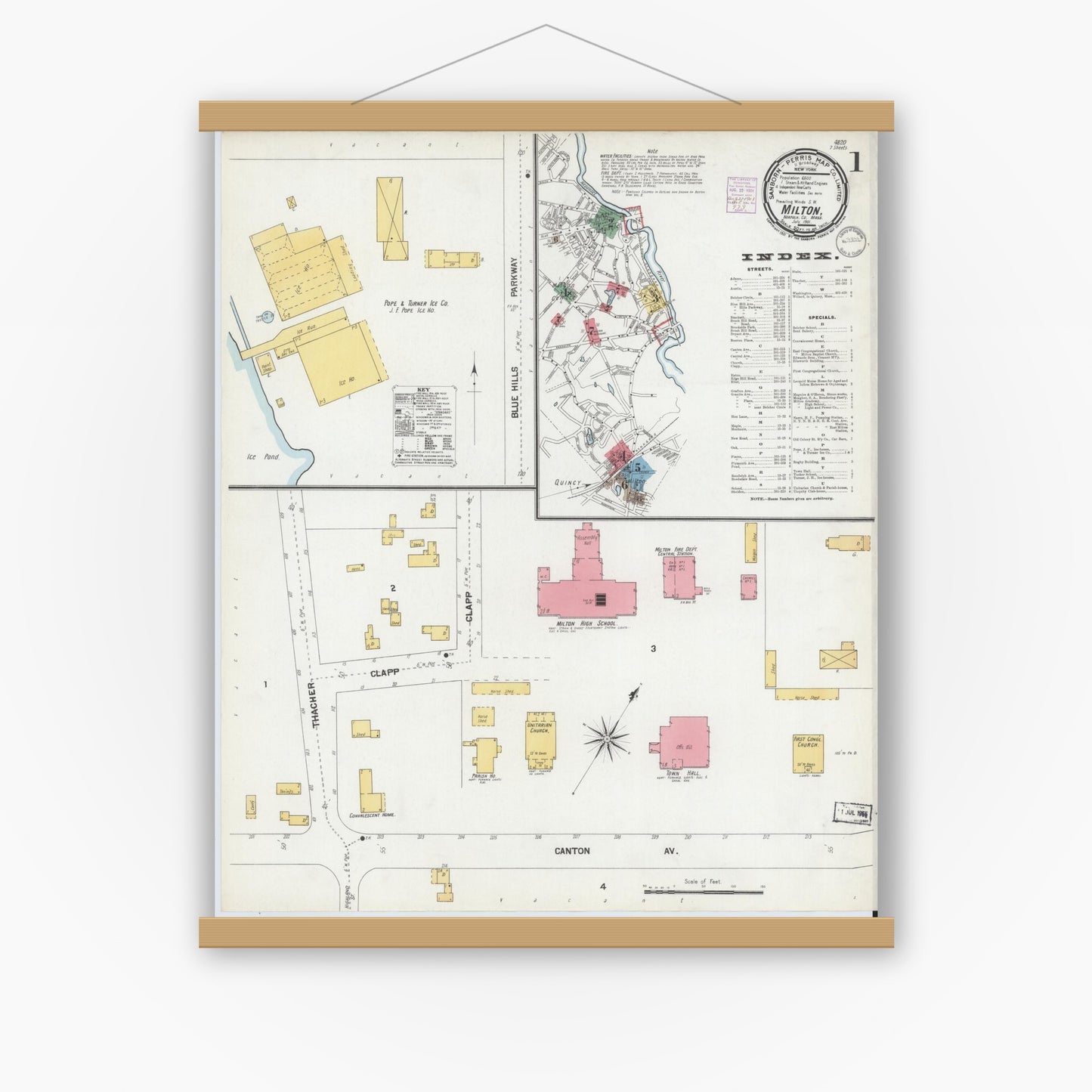 Old map wall art mockup — magnetic wood frame on white wall — Sanborn Fire Insurance Map from Milton, Norfolk County, Massachusetts (1901), Sheet #0001