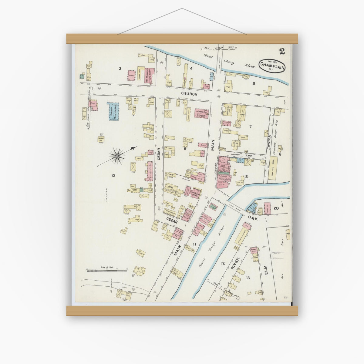 Old map wall art mockup — magnetic wood frame on white wall — Sanborn Fire Insurance Map from Champlain, Clinton County, New York (1891), Sheet #0002