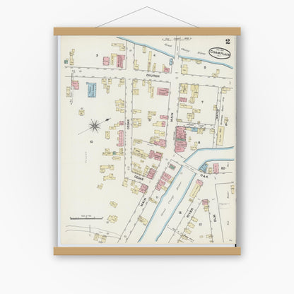 Old map wall art mockup — magnetic wood frame on white wall — Sanborn Fire Insurance Map from Champlain, Clinton County, New York (1891), Sheet #0002