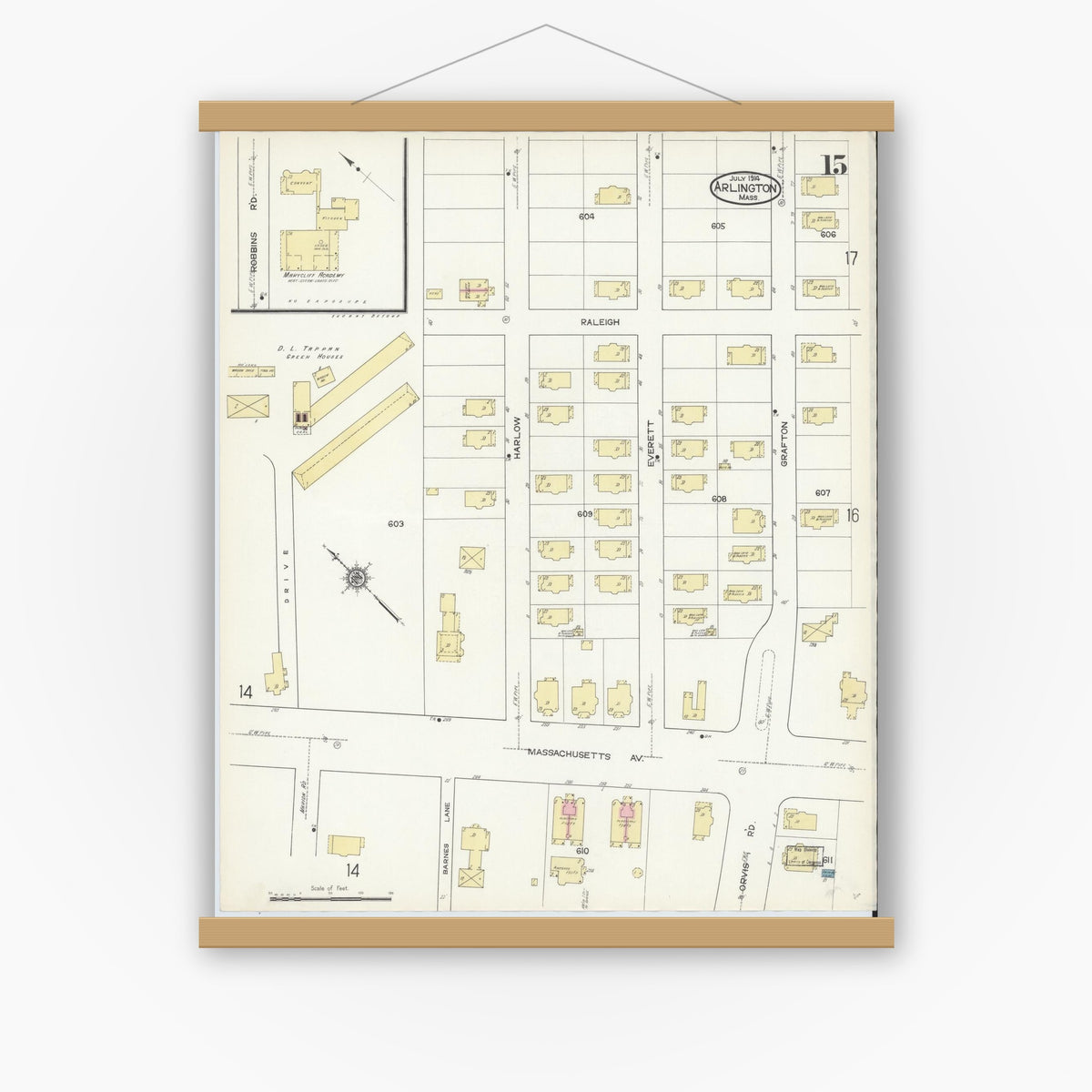 Old map wall art mockup — magnetic wood frame on white wall — Sanborn Fire Insurance Map from Arlington, Middlesex County, Massachusetts (1914), Sheet #0015
