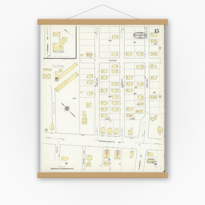 Old map wall art mockup — magnetic wood frame on white wall — Sanborn Fire Insurance Map from Arlington, Middlesex County, Massachusetts (1914), Sheet #0015