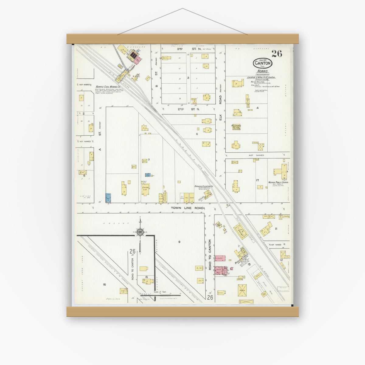 Old map wall art mockup — magnetic wood frame on white wall — Sanborn Fire Insurance Map from Canton, Fulton County, Illinois (1917), Sheet #0026