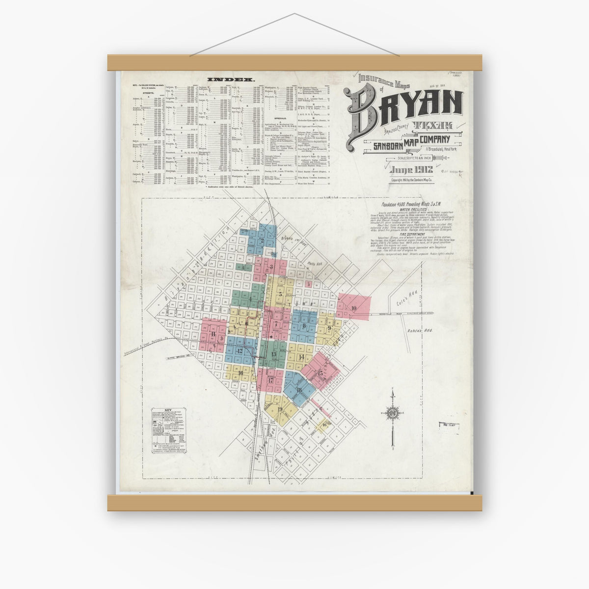 Old map wall art mockup — magnetic wood frame on white wall — Sanborn Fire Insurance Map from Bryan, Brazos County, Texas (1912) - Complete Map Set