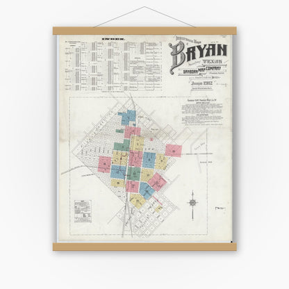 Old map wall art mockup — magnetic wood frame on white wall — Sanborn Fire Insurance Map from Bryan, Brazos County, Texas (1912) - Complete Map Set