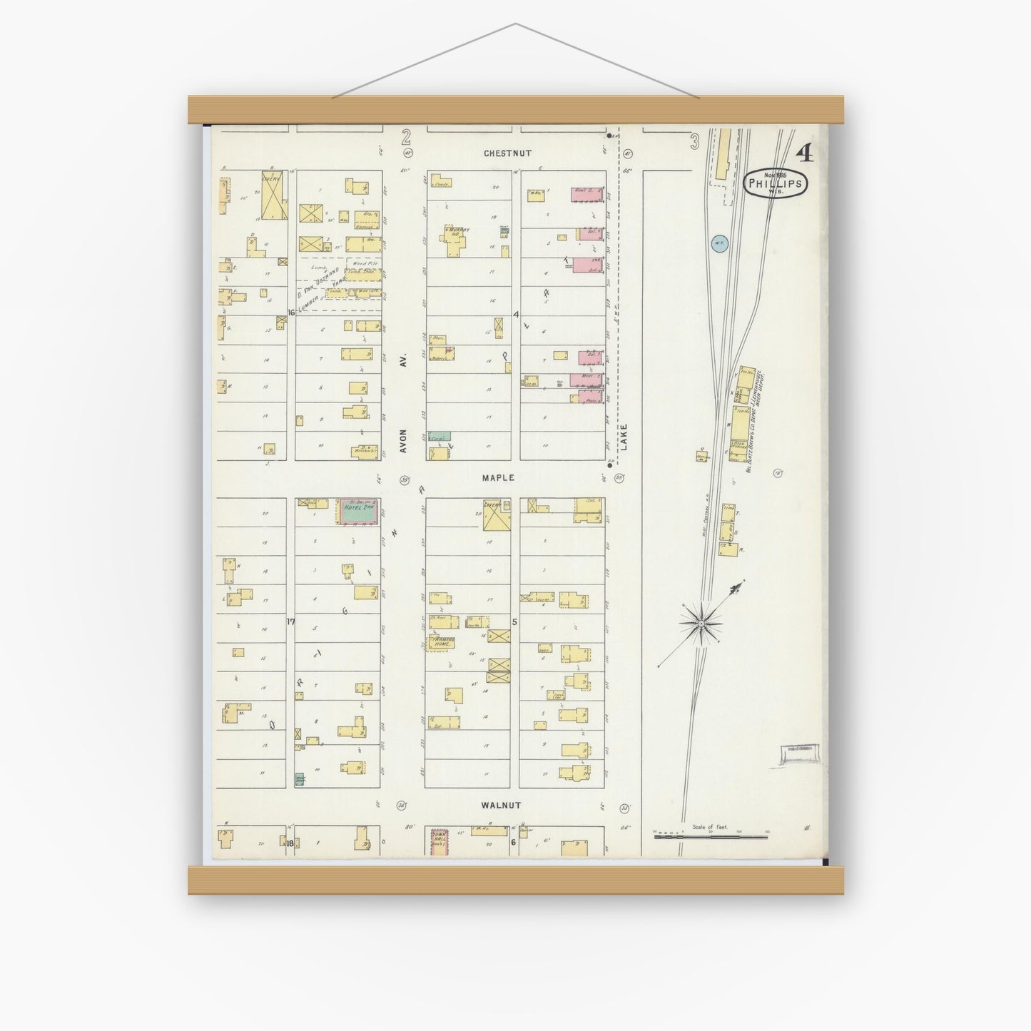 Old map wall art mockup — magnetic wood frame on white wall — Sanborn Fire Insurance Map from Phillips, Price County, Wisconsin (1895), Sheet #0004