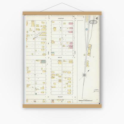 Old map wall art mockup — magnetic wood frame on white wall — Sanborn Fire Insurance Map from Phillips, Price County, Wisconsin (1895), Sheet #0004