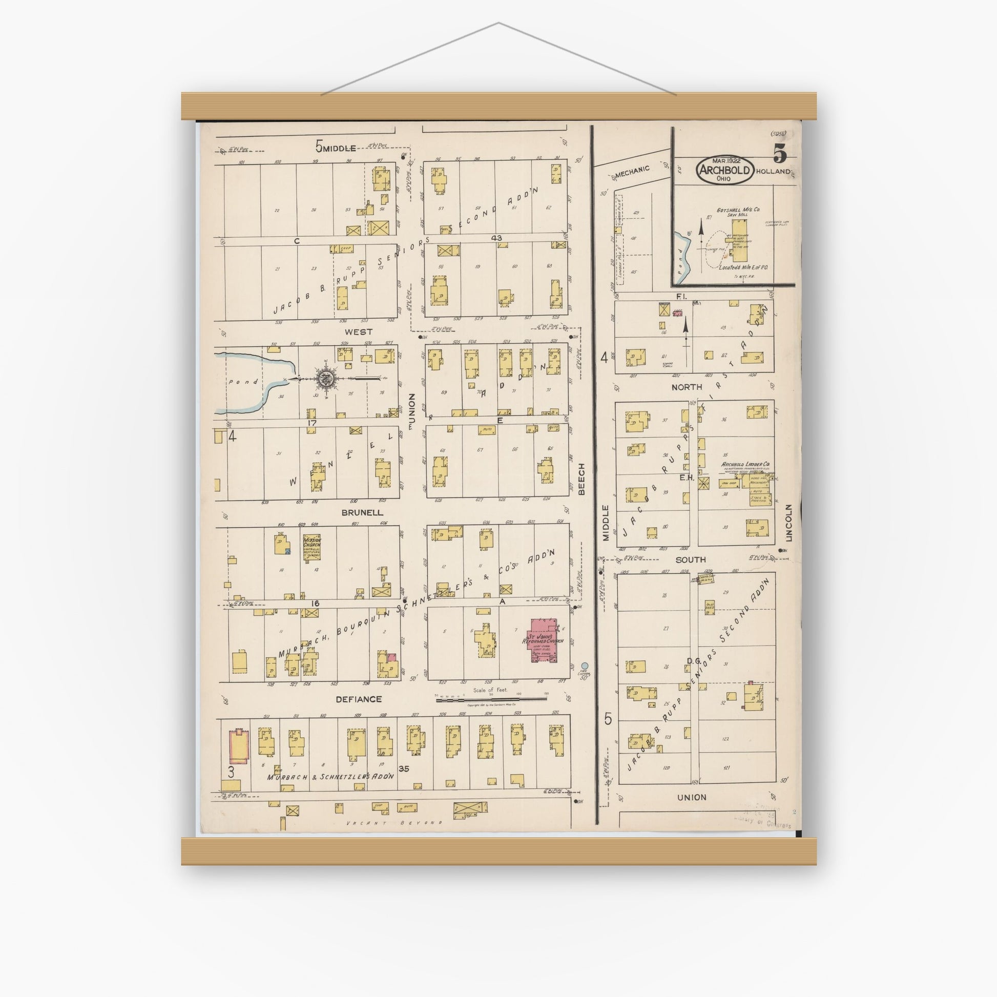 Old map wall art mockup — magnetic wood frame on white wall — Sanborn Fire Insurance Map from Archbold, Fulton County, Ohio (1922), Sheet #0005