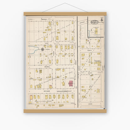 Old map wall art mockup — magnetic wood frame on white wall — Sanborn Fire Insurance Map from Archbold, Fulton County, Ohio (1922), Sheet #0005