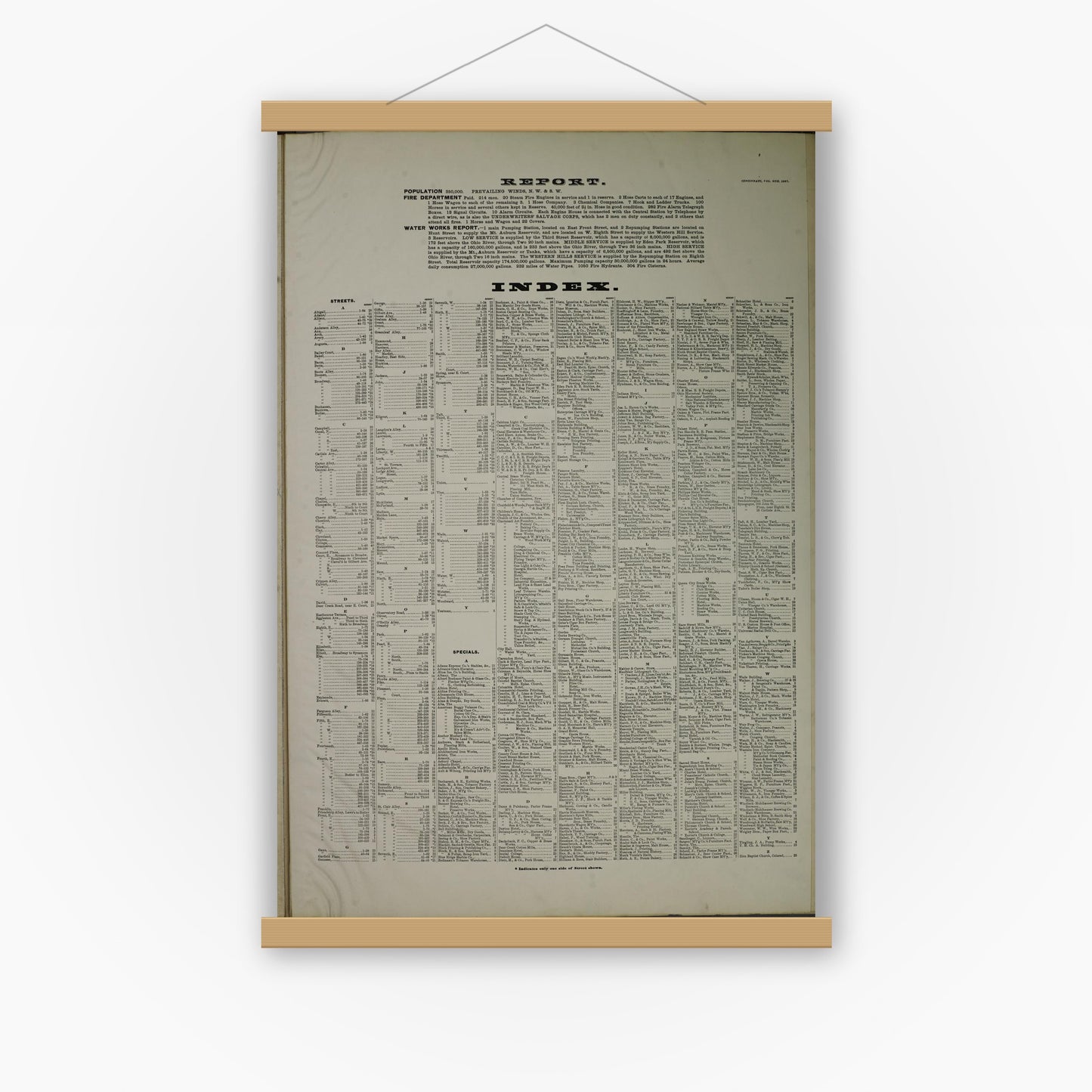 Old map wall art mockup — magnetic wood frame on white wall — Sanborn Fire Insurance Map from Cincinnati, Hamilton County, Ohio (1887), Sheet #0001