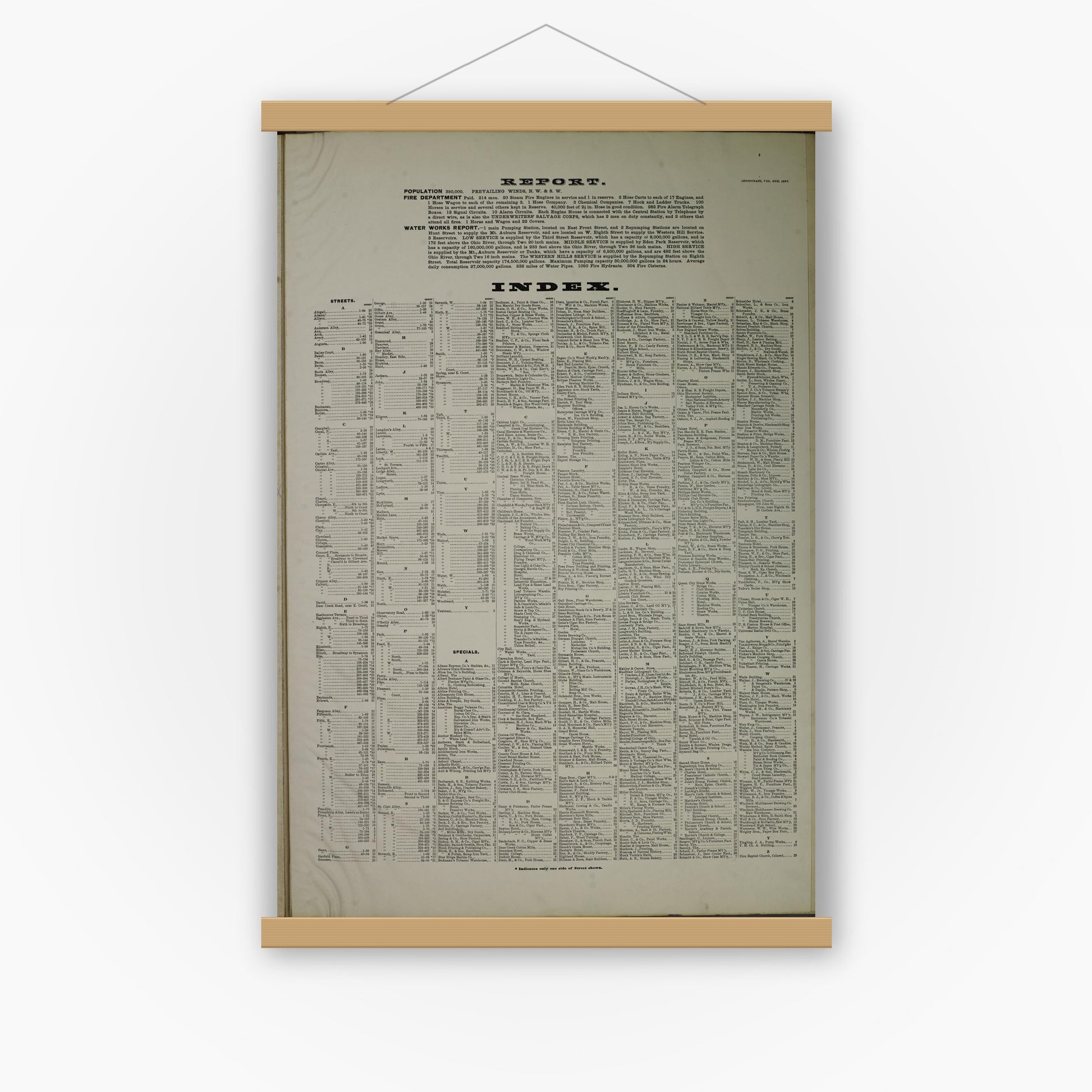 Old map wall art mockup — magnetic wood frame on white wall — Sanborn Fire Insurance Map from Cincinnati, Hamilton County, Ohio (1887), Sheet #0001