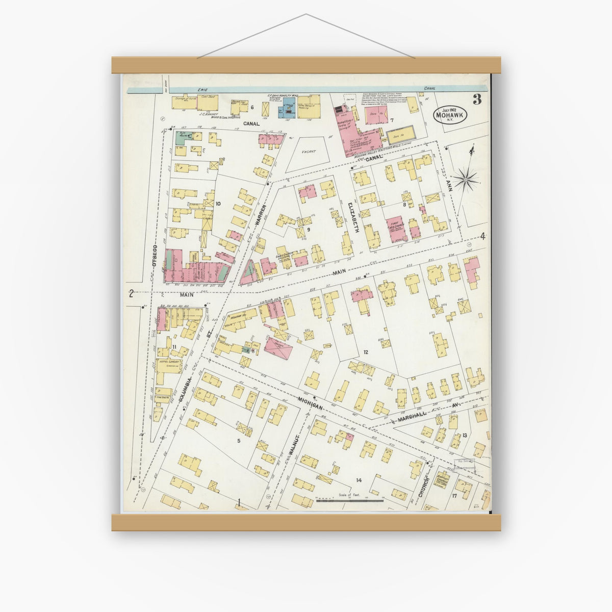 Old map wall art mockup — magnetic wood frame on white wall — Sanborn Fire Insurance Map from Mohawk, Herkimer County, New York (1902), Sheet #0003