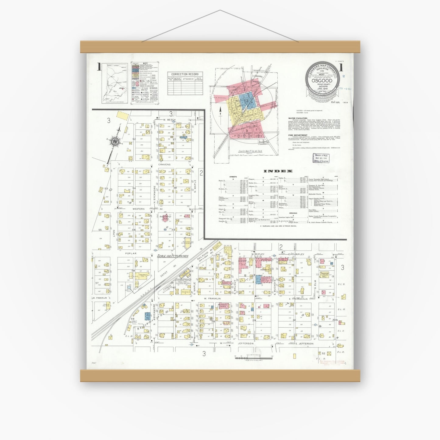 Old map wall art mockup — magnetic wood frame on white wall — Sanborn Fire Insurance Map from Osgood, Ripley County, Indiana (1941) - Complete Map Set