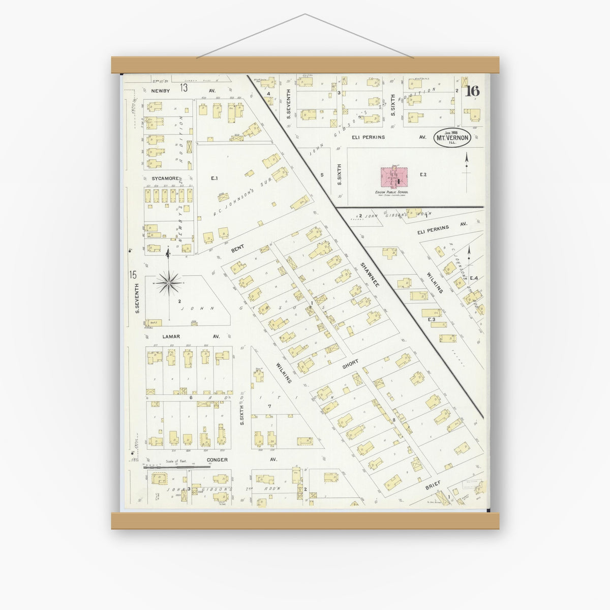 Old map wall art mockup — magnetic wood frame on white wall — Sanborn Fire Insurance Map from Mount Vernon, Jefferson County, Illinois (1908), Sheet #0016