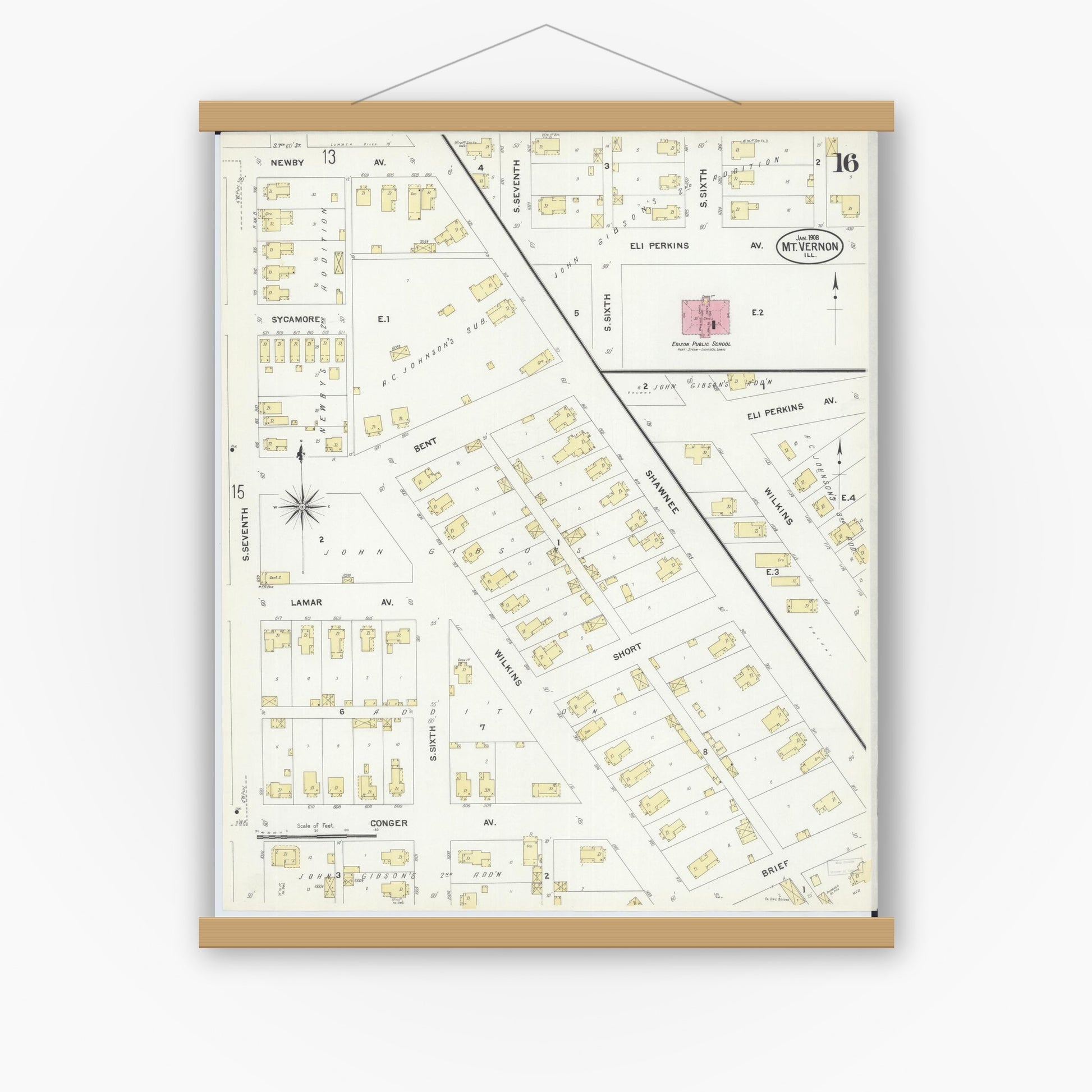 Old map wall art mockup — magnetic wood frame on white wall — Sanborn Fire Insurance Map from Mount Vernon, Jefferson County, Illinois (1908), Sheet #0016