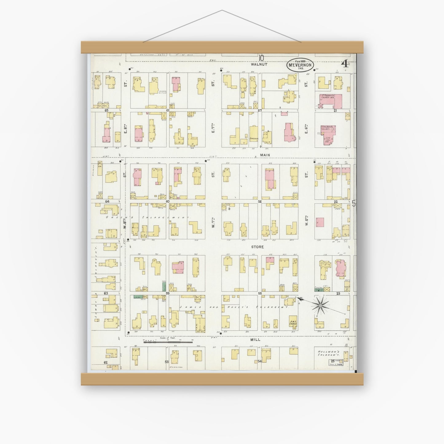 Old map wall art mockup — magnetic wood frame on white wall — Sanborn Fire Insurance Map from Mount Vernon, Posey County, Indiana (1899), Sheet #0004