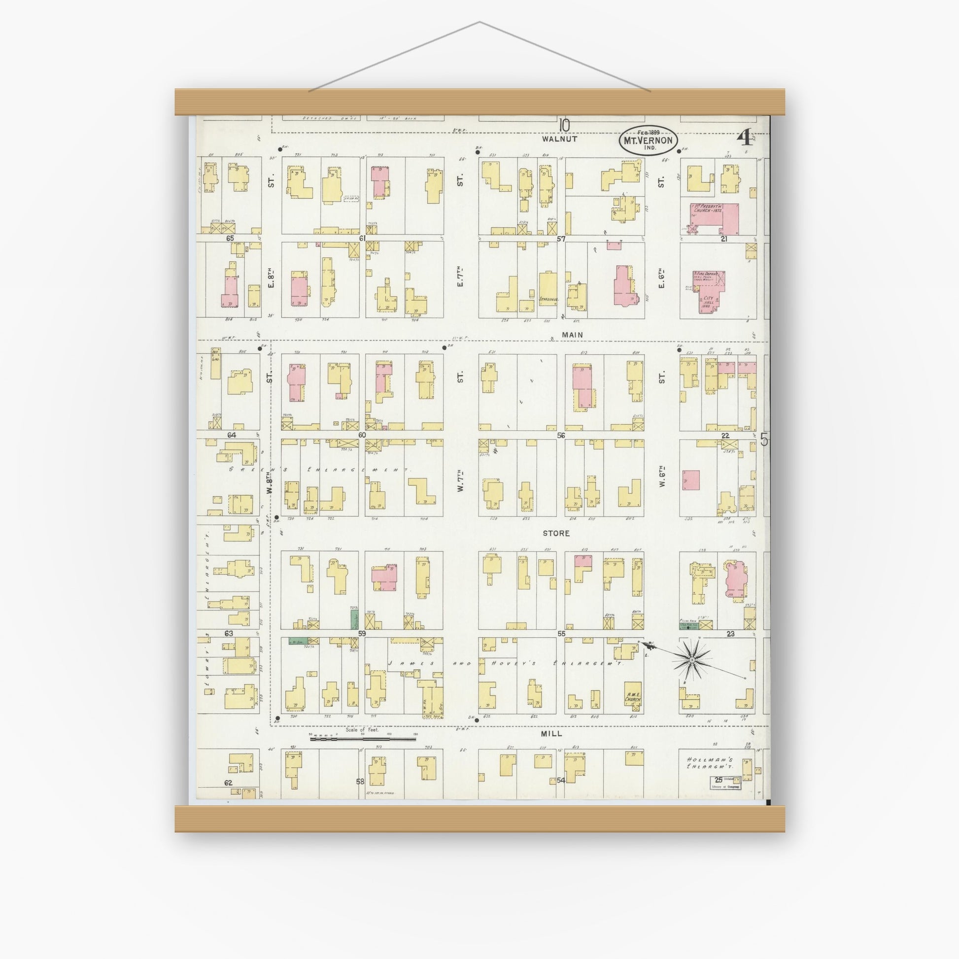 Old map wall art mockup — magnetic wood frame on white wall — Sanborn Fire Insurance Map from Mount Vernon, Posey County, Indiana (1899), Sheet #0004