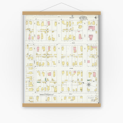 Old map wall art mockup — magnetic wood frame on white wall — Sanborn Fire Insurance Map from Mount Vernon, Posey County, Indiana (1899), Sheet #0004