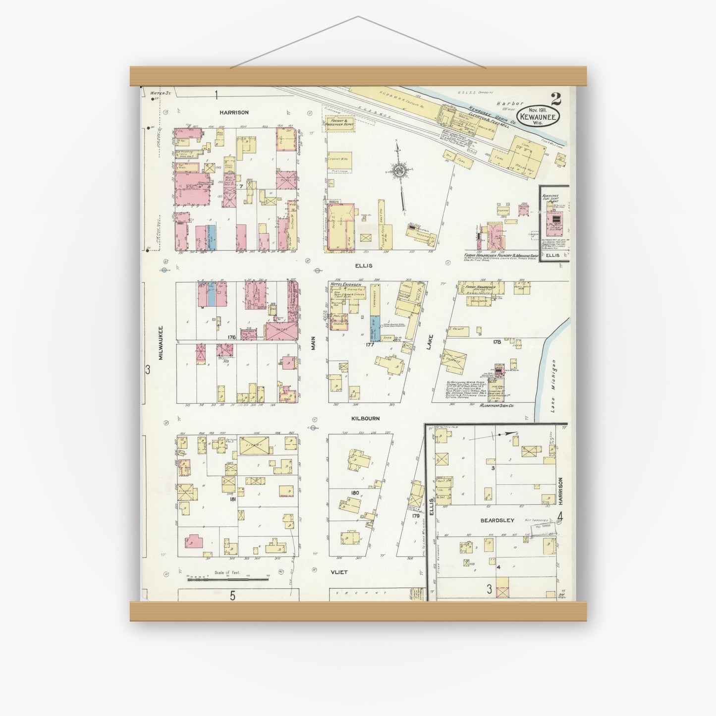 Old map wall art mockup — magnetic wood frame on white wall — Sanborn Fire Insurance Map from Kewaunee, Kewaunee County, Wisconsin (1911), Sheet #0002