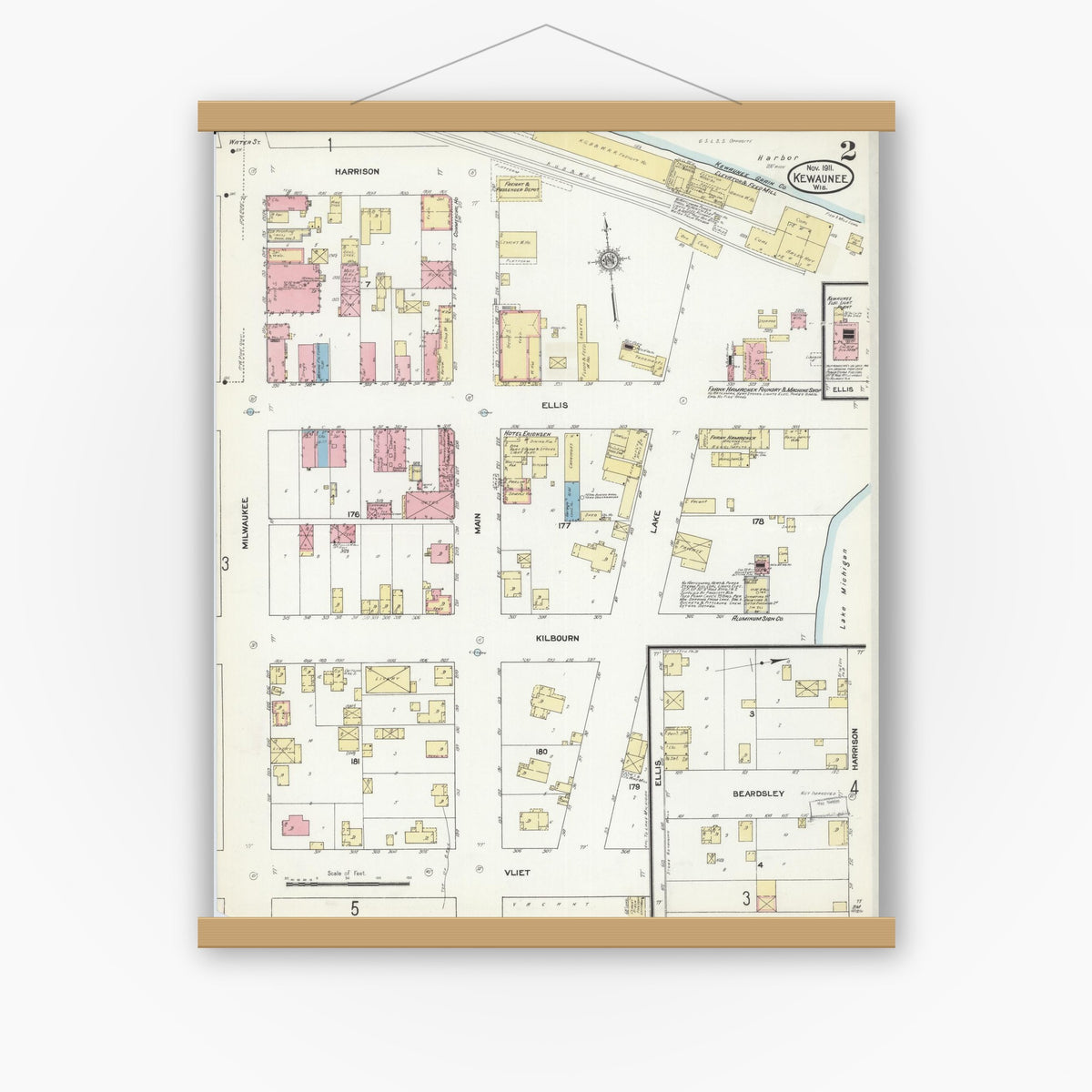 Old map wall art mockup — magnetic wood frame on white wall — Sanborn Fire Insurance Map from Kewaunee, Kewaunee County, Wisconsin (1911), Sheet #0002