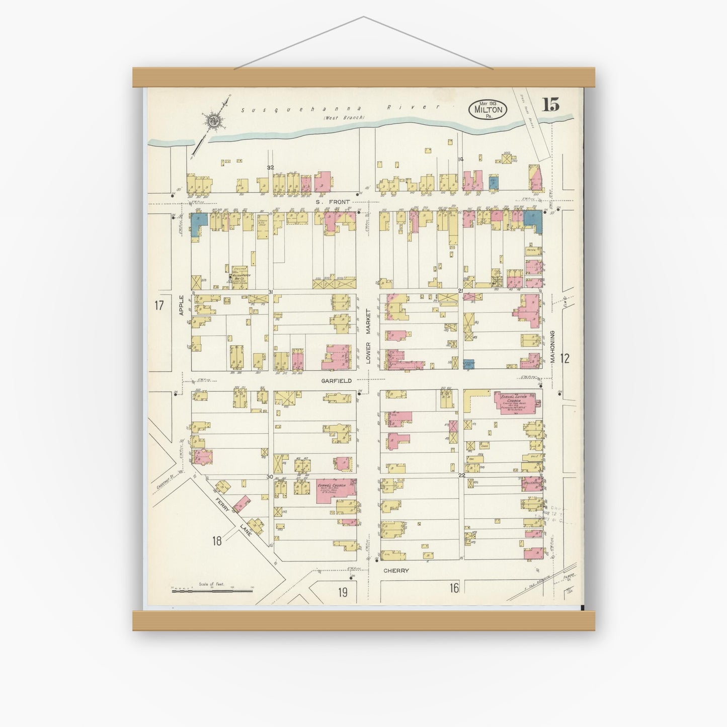 Old map wall art mockup — magnetic wood frame on white wall — Sanborn Fire Insurance Map from Milton, Northumberland County, Pennsylvania (1913), Sheet #0015