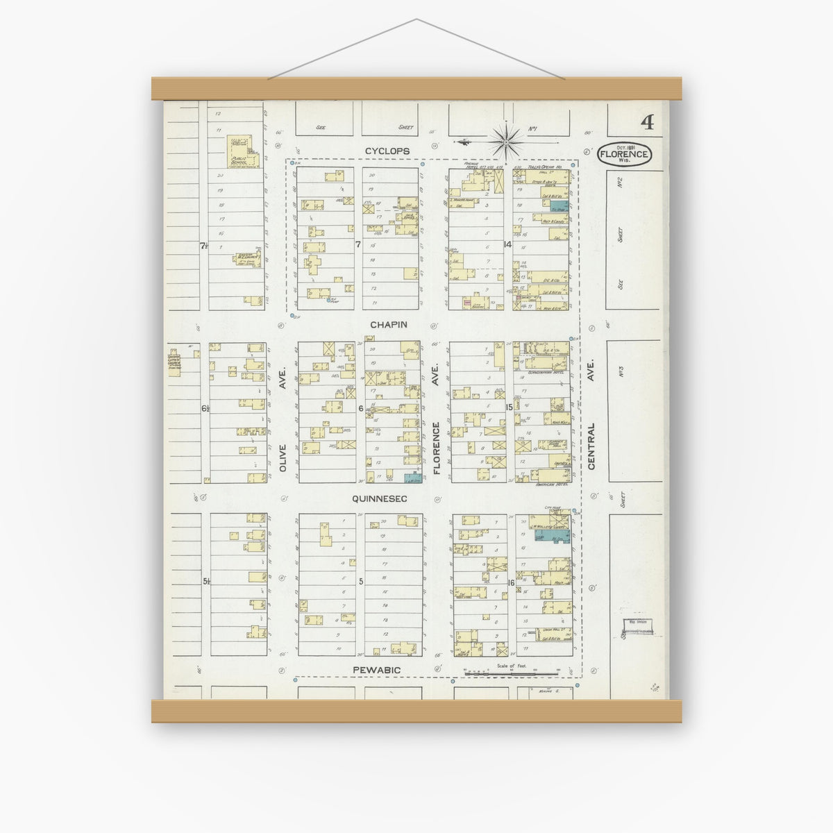 Old map wall art mockup — magnetic wood frame on white wall — Sanborn Fire Insurance Map from Florence, Florence County, Wisconsin (1891), Sheet #0004