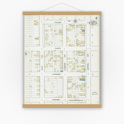 Old map wall art mockup — magnetic wood frame on white wall — Sanborn Fire Insurance Map from Florence, Florence County, Wisconsin (1891), Sheet #0004
