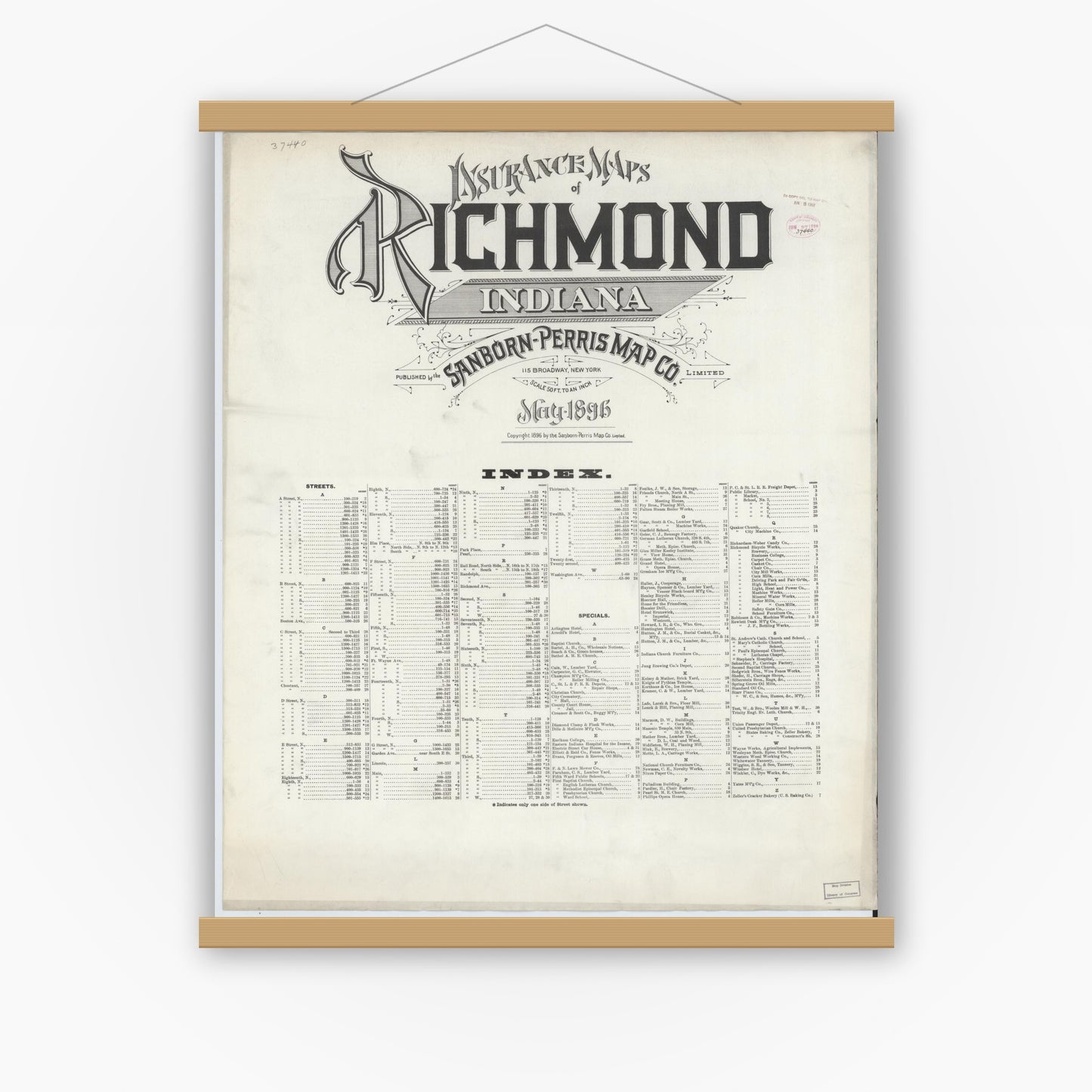 Old map wall art mockup — magnetic wood frame on white wall — Sanborn Fire Insurance Map from Richmond, Wayne County, Indiana (1896), Sheet #0001