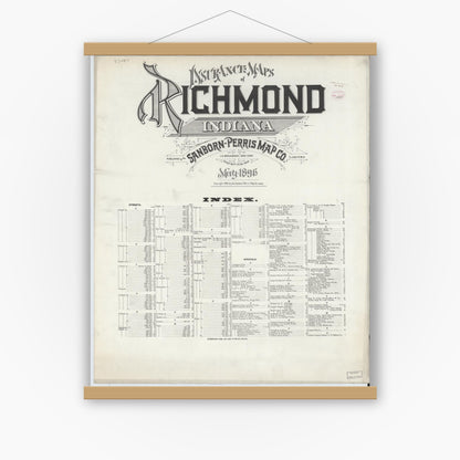 Old map wall art mockup — magnetic wood frame on white wall — Sanborn Fire Insurance Map from Richmond, Wayne County, Indiana (1896), Sheet #0001