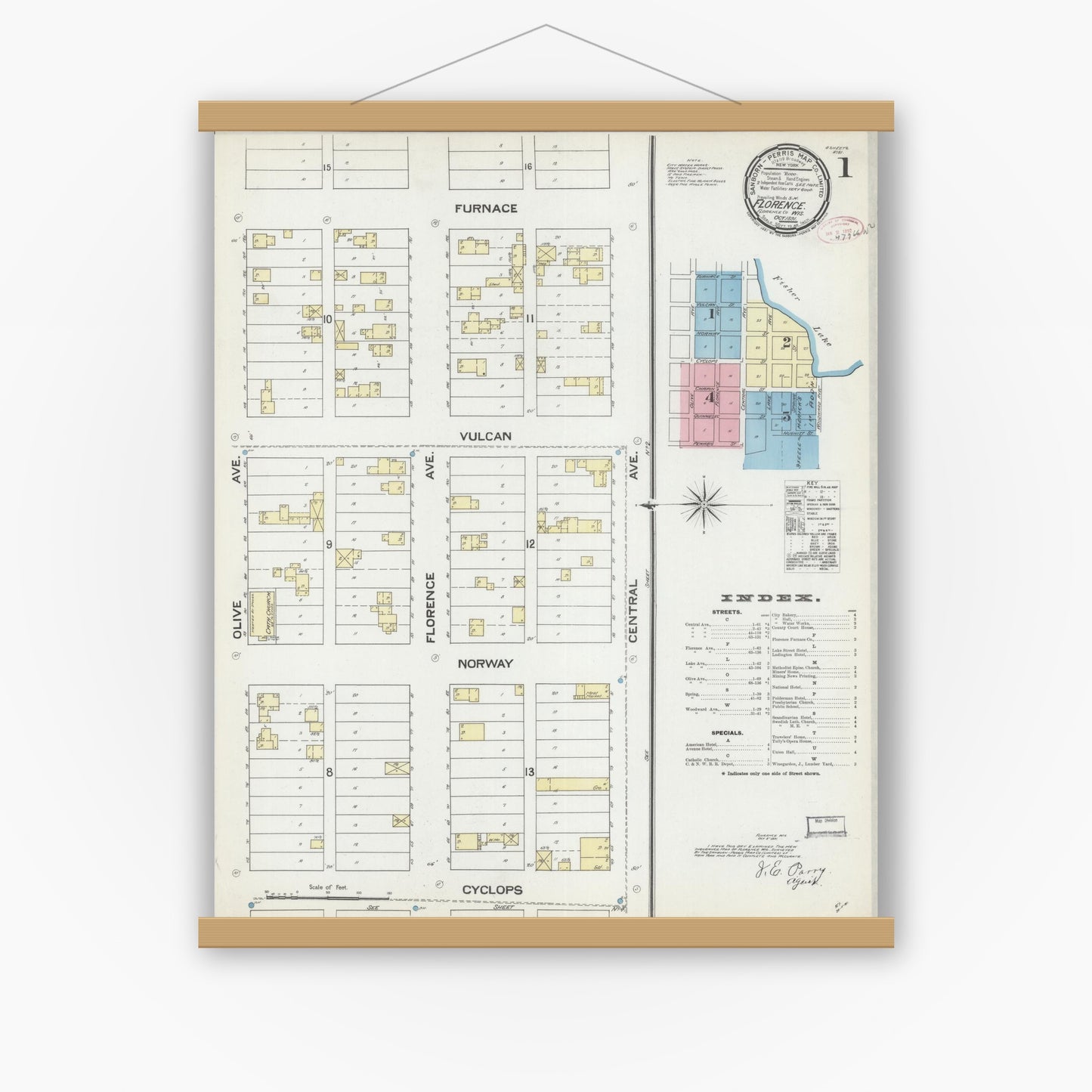 Old map wall art mockup — magnetic wood frame on white wall — Sanborn Fire Insurance Map from Florence, Florence County, Wisconsin (1891), Sheet #0001