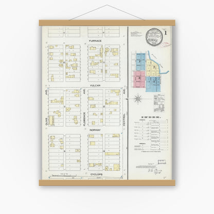 Old map wall art mockup — magnetic wood frame on white wall — Sanborn Fire Insurance Map from Florence, Florence County, Wisconsin (1891), Sheet #0001