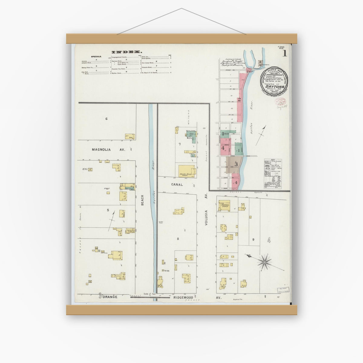 Old map wall art mockup — magnetic wood frame on white wall — Sanborn Fire Insurance Map from Daytona, Volusia County, Florida (1895) - Complete Map Set
