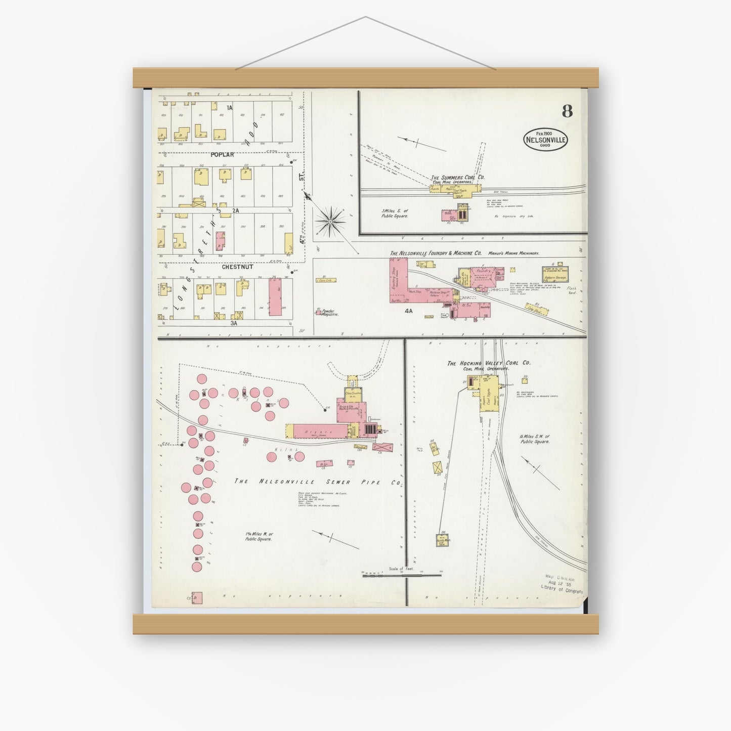 Old map wall art mockup — magnetic wood frame on white wall — Sanborn Fire Insurance Map from Nelsonville, Athens County, Ohio (1900), Sheet #0008