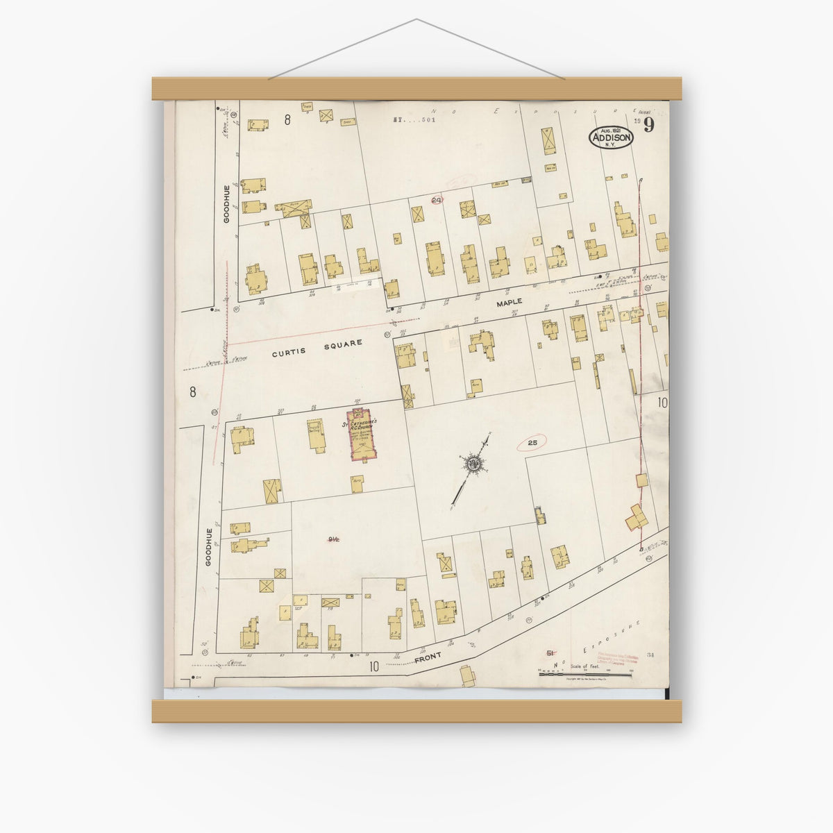 Old map wall art mockup — magnetic wood frame on white wall — Sanborn Fire Insurance Map from Addison, Steuben County, New York (1945), Sheet #0009