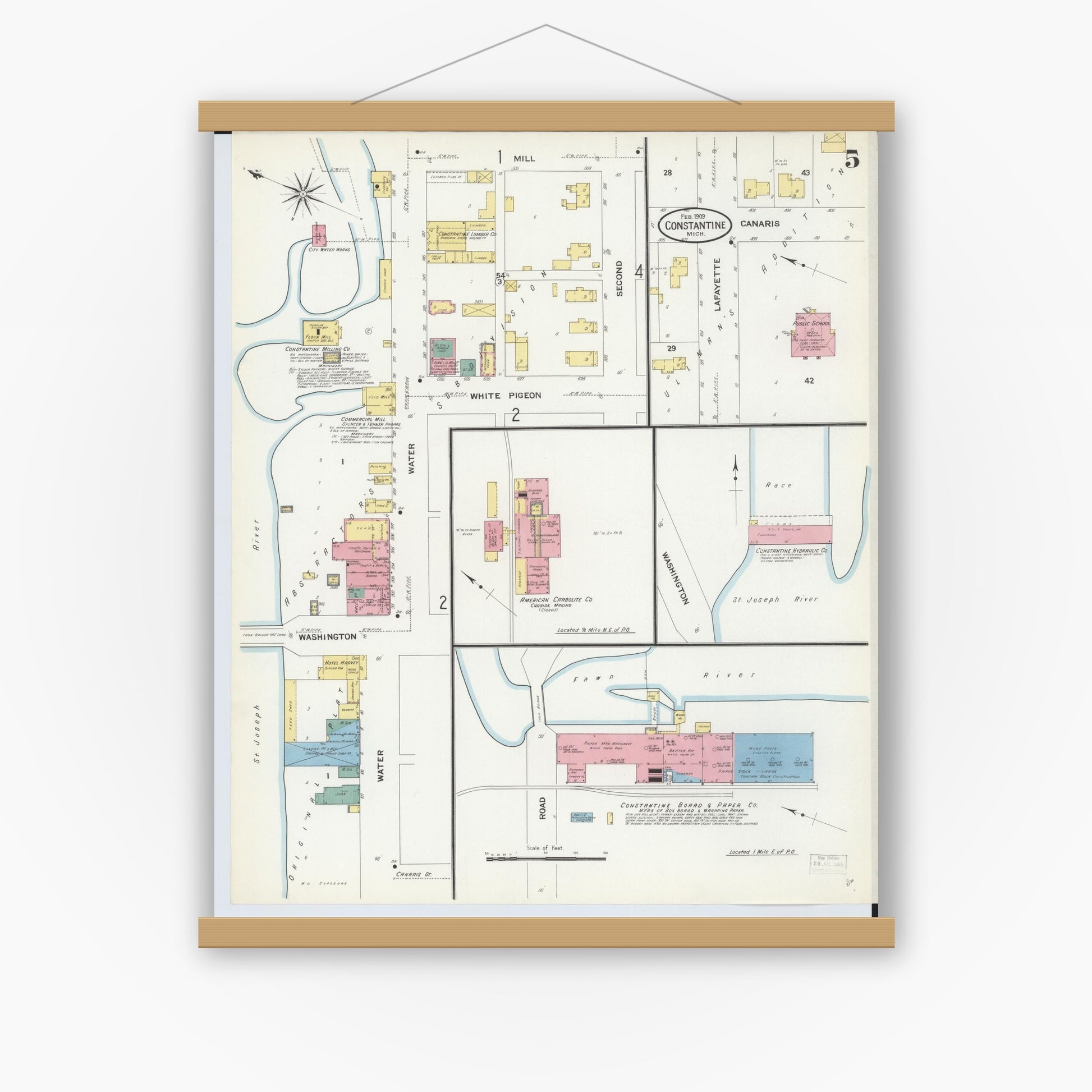 Old map wall art mockup — magnetic wood frame on white wall — Sanborn Fire Insurance Map from Constantine, Saint Joseph County, Michigan (1909), Sheet #0005