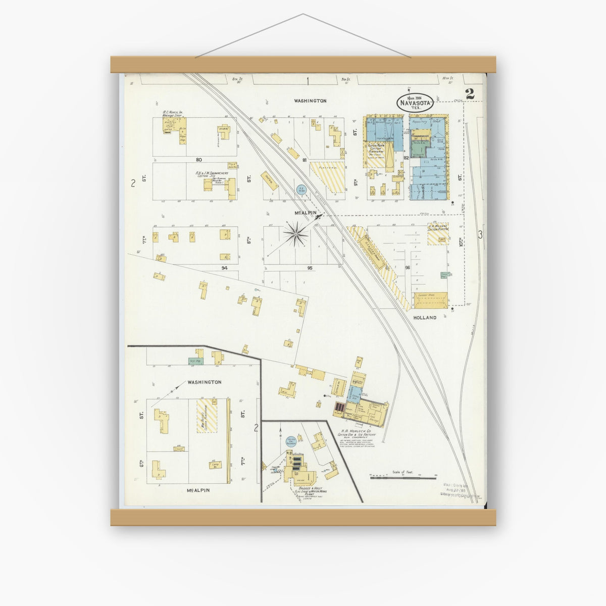 Old map wall art mockup — magnetic wood frame on white wall — Sanborn Fire Insurance Map from Navasota, Grimes County, Texas (1906), Sheet #0002