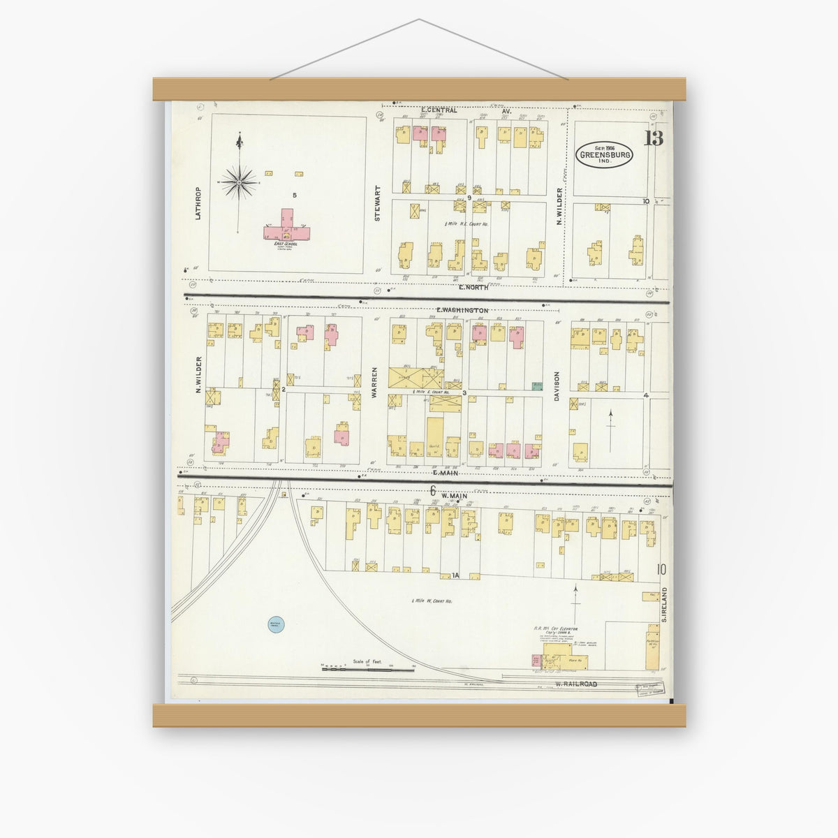 Old map wall art mockup — magnetic wood frame on white wall — Sanborn Fire Insurance Map from Greensburg, Decatur County, Indiana (1906), Sheet #0013