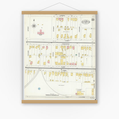 Old map wall art mockup — magnetic wood frame on white wall — Sanborn Fire Insurance Map from Greensburg, Decatur County, Indiana (1906), Sheet #0013