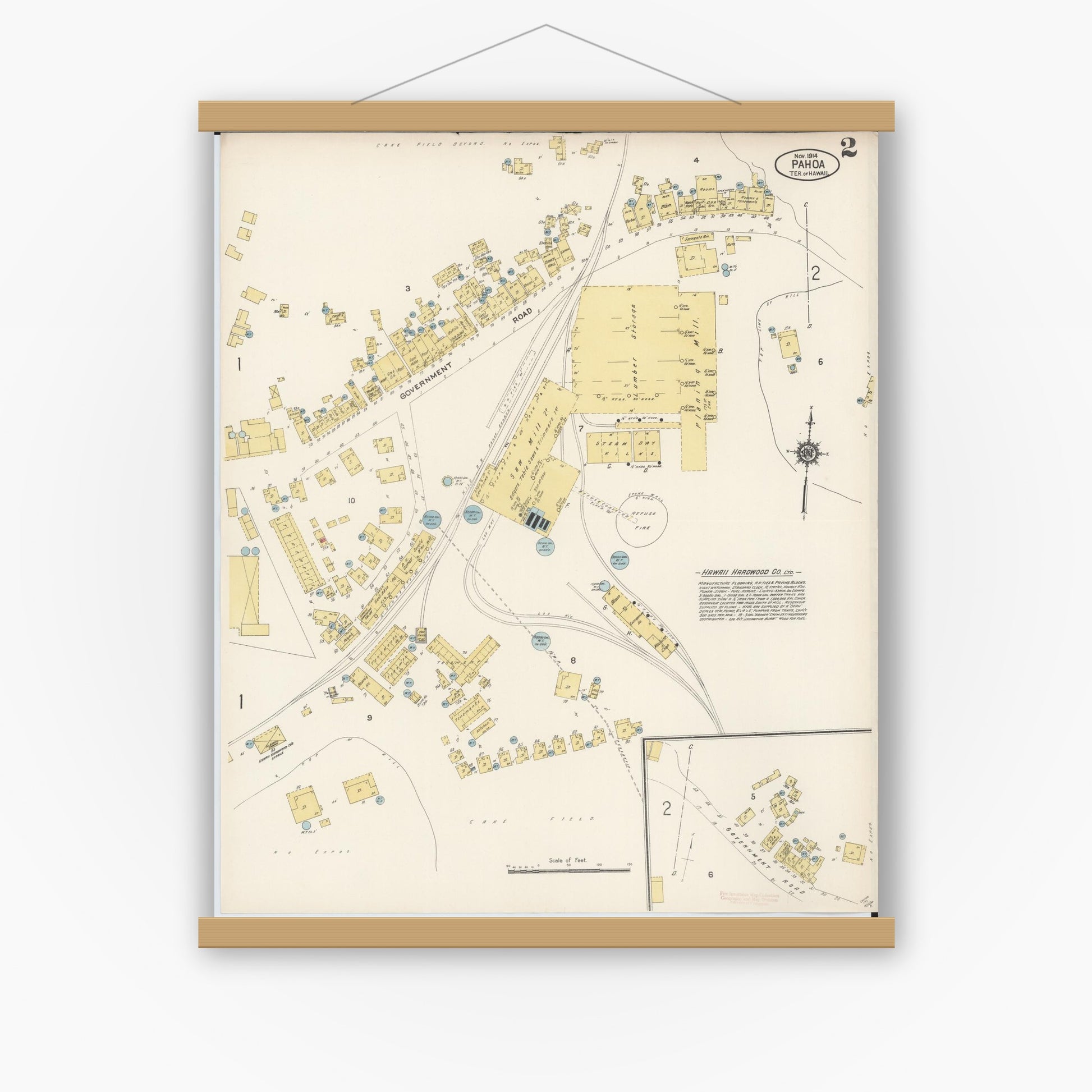 Old map wall art mockup — magnetic wood frame on white wall — Sanborn Fire Insurance Map from Pahoa, Hawaii County, Hawaii (1914), Sheet #0002