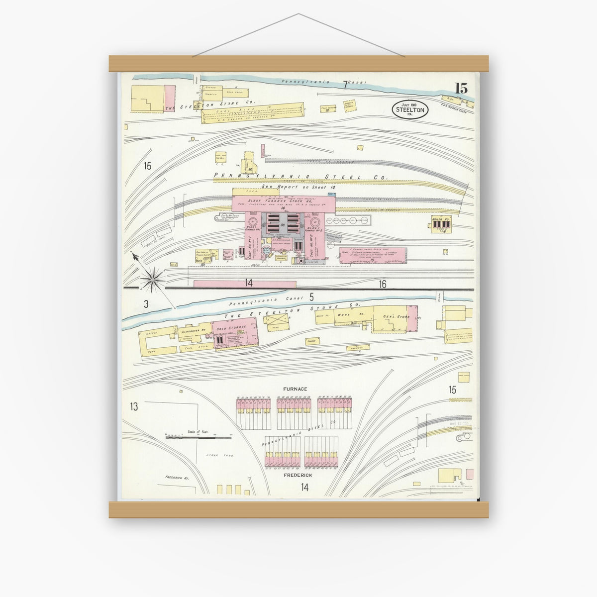 Old map wall art mockup — magnetic wood frame on white wall — Sanborn Fire Insurance Map from Steelton, Dauphin County, Pennsylvania (1909), Sheet #0015