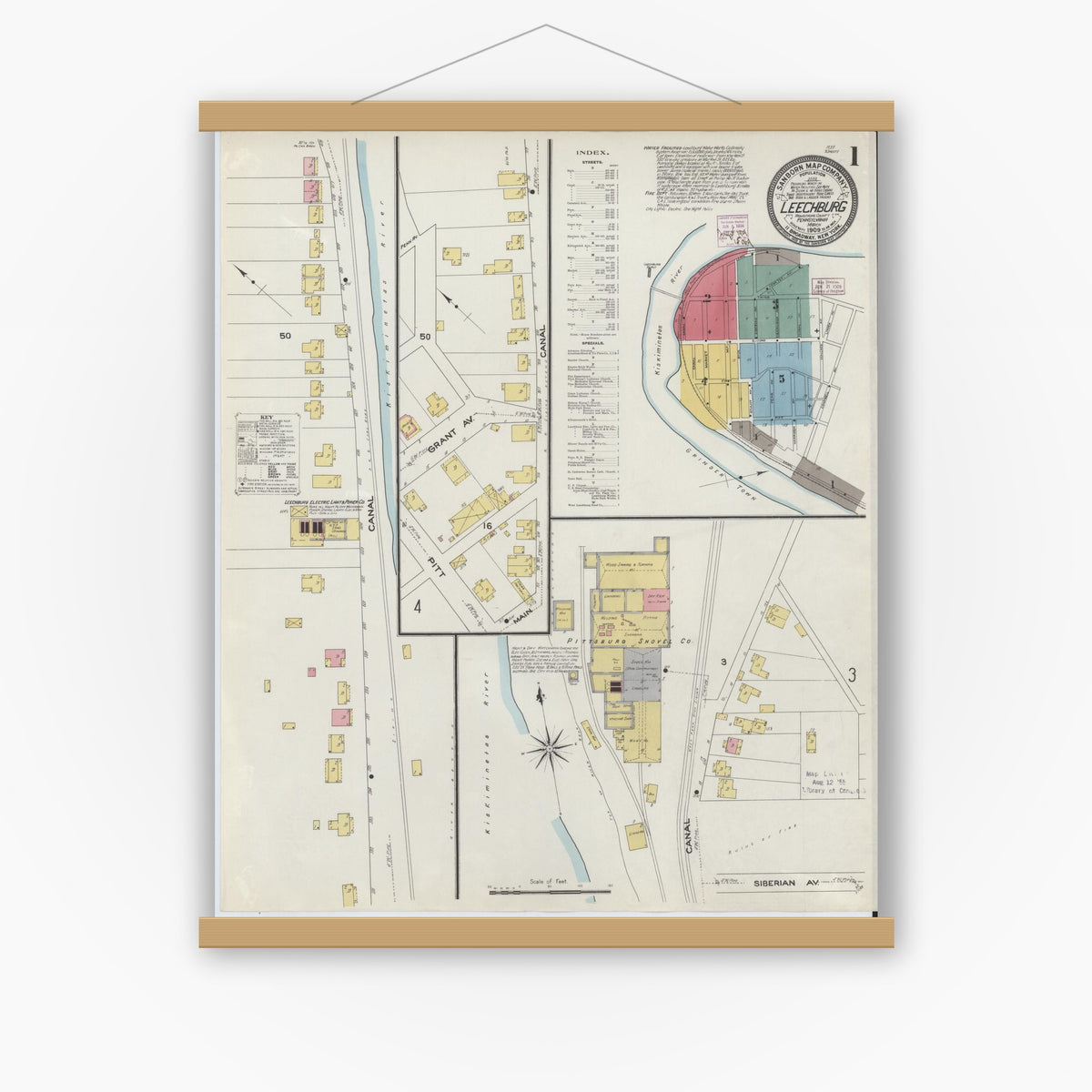Old map wall art mockup — magnetic wood frame on white wall — Sanborn Fire Insurance Map from Leechburg, Armstrong County, Pennsylvania (1909) - Complete Map Set