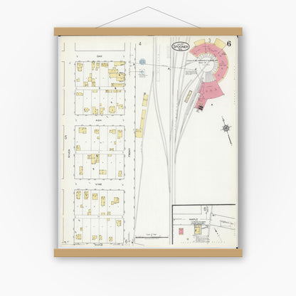 Old map wall art mockup — magnetic wood frame on white wall — Sanborn Fire Insurance Map from Spooner, Washburn County, Wisconsin (1917), Sheet #0006