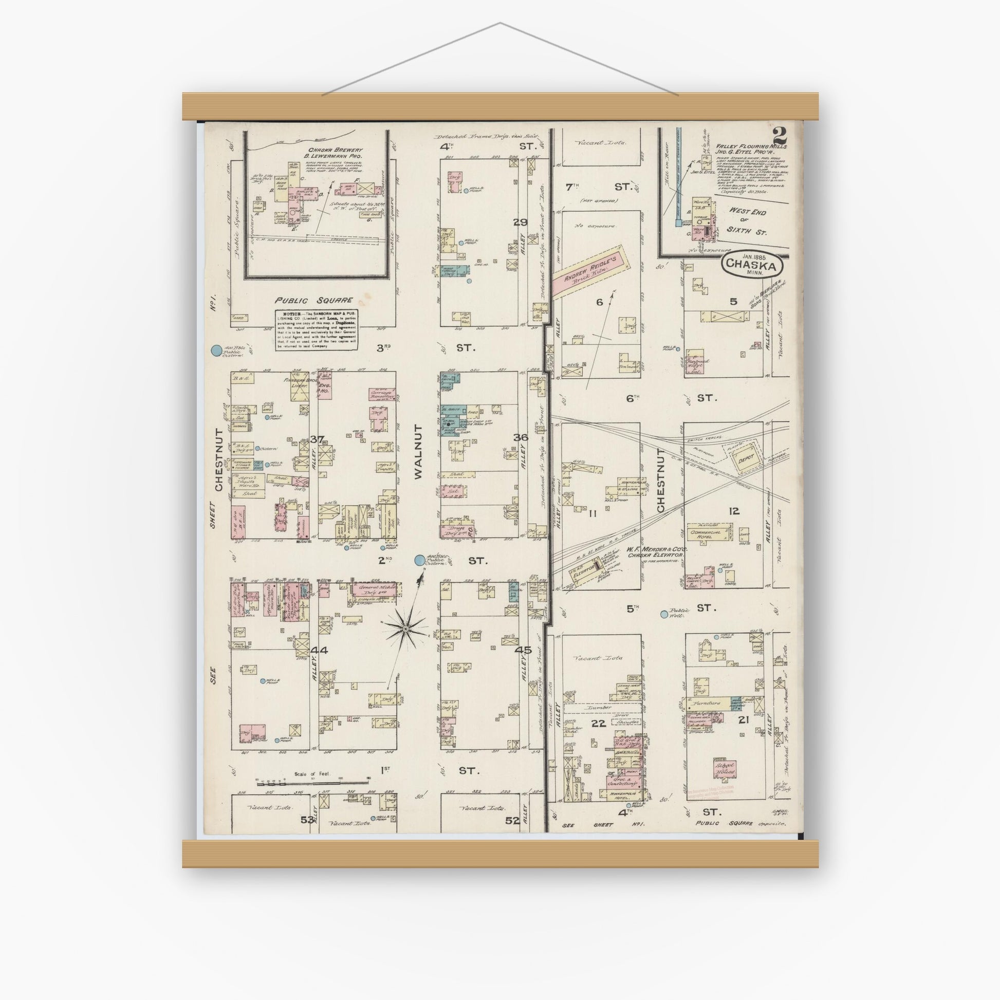 Old map wall art mockup — magnetic wood frame on white wall — Sanborn Fire Insurance Map from Chaska, Carver County, Minnesota (1885), Sheet #0002