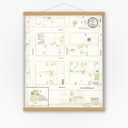 Old map wall art mockup — magnetic wood frame on white wall — Sanborn Fire Insurance Map from Fowler, Fresno County, California (1896) - Complete Map Set