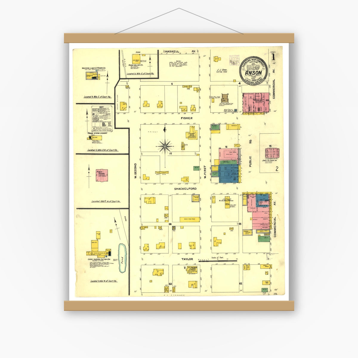 Old map wall art mockup — magnetic wood frame on white wall — Sanborn Fire Insurance Map from Anson, Jones County, Texas (1908), Sheet #0001