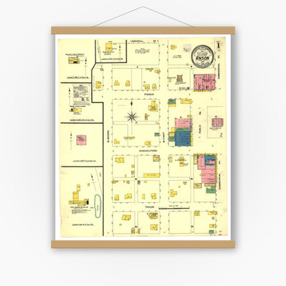 Old map wall art mockup — magnetic wood frame on white wall — Sanborn Fire Insurance Map from Anson, Jones County, Texas (1908), Sheet #0001