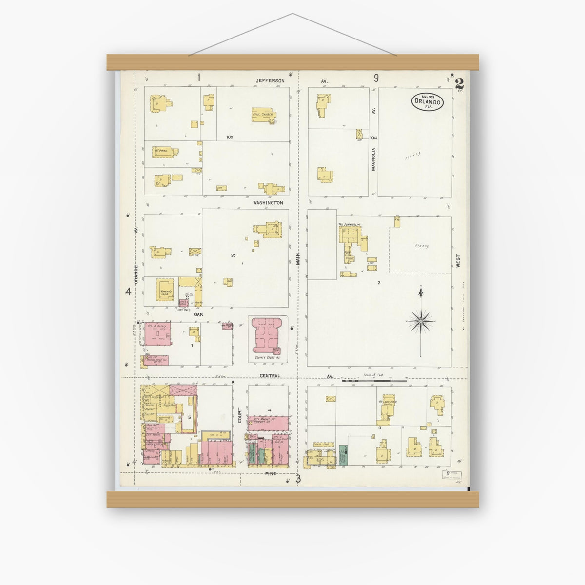 Old map wall art mockup — magnetic wood frame on white wall — Sanborn Fire Insurance Map from Orlando, Orange County, Florida (1903), Sheet #0002
