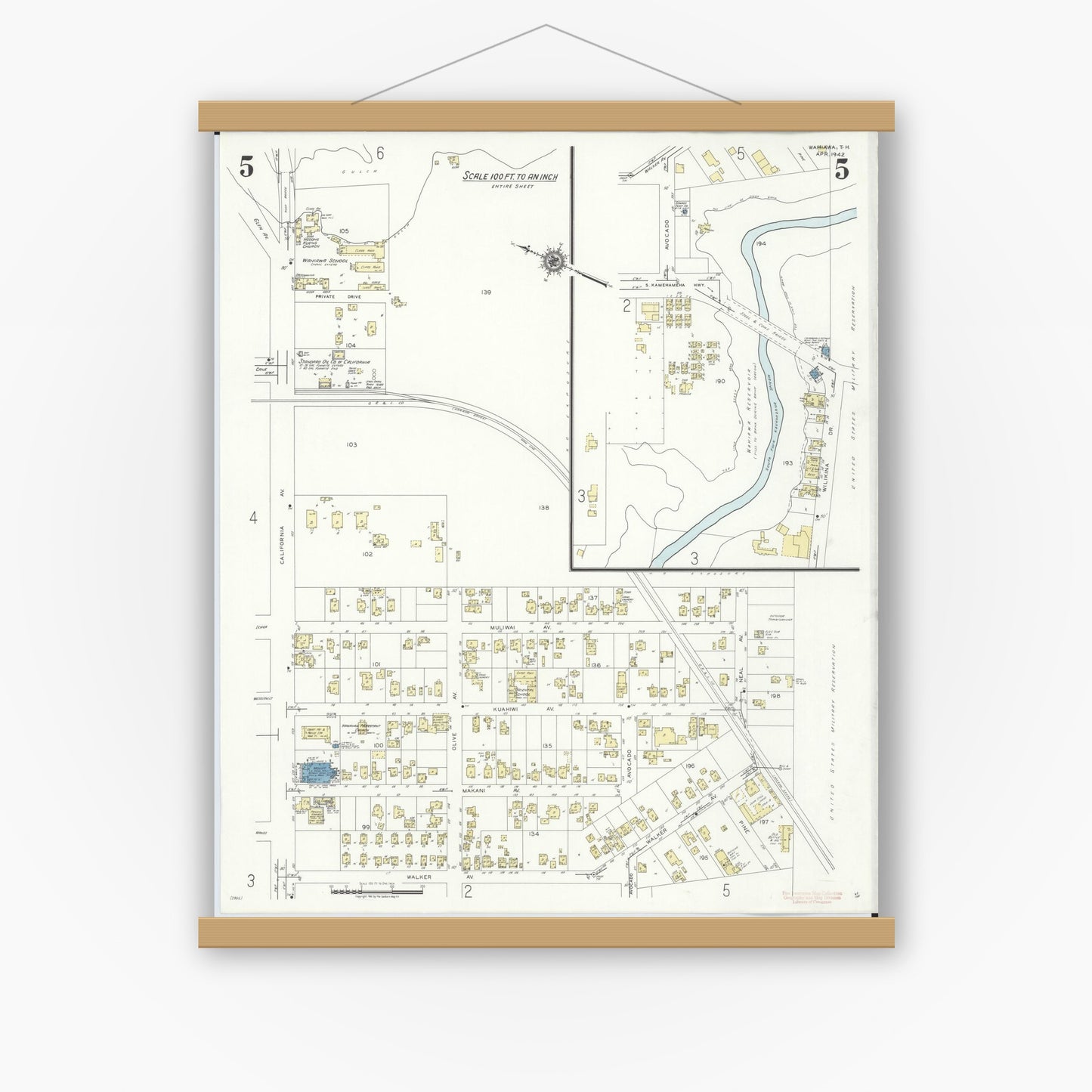Old map wall art mockup — magnetic wood frame on white wall — Sanborn Fire Insurance Map from Wahiawa, Honolulu County, Hawaii (1942), Sheet #0005
