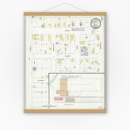 Old map wall art mockup — magnetic wood frame on white wall — Sanborn Fire Insurance Map from Bristol, Elkhart County, Indiana (1901) - Complete Map Set